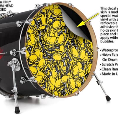 Skin Decal fits 24" Bass Kick Drums Scattered Skulls Yellow image 2