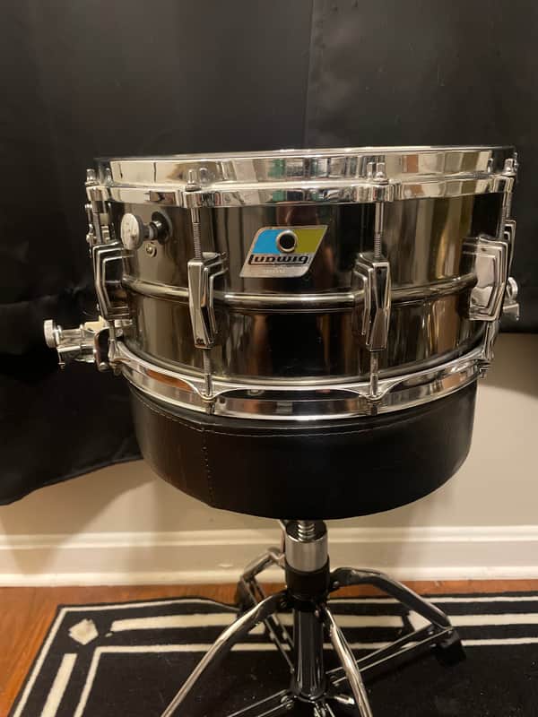 Ludwig No. 419 Black Beauty Super-Sensitive 6.5x14" 10-Lug Brass Snare Drum with Pointed Blue/Olive Badge 1977 - 1979 - Black Nickel-Plated image 1