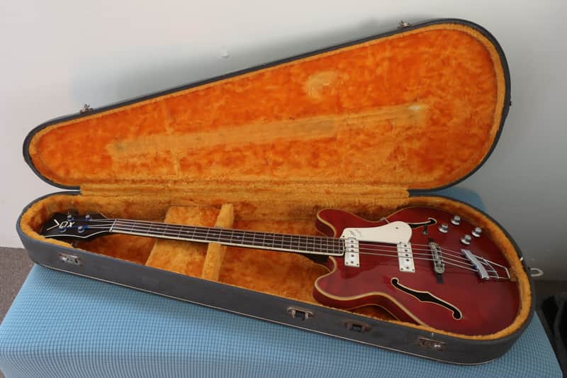 Vintage 1966 Vox Cougar V214 Bass Guitar Cherry Red Very Clean With Case 6/7 Condition Lots Of Finish Checking image 1