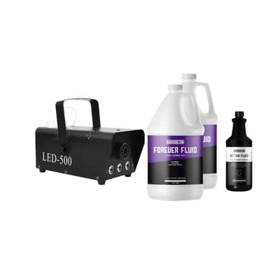 Fog Machine + Fluids Bundle Includes:     400-500W Fog Machine  2 PC 15W LED Lights App Controlled  2 Gal Fog Fluid  1 Quart Fog Machine Cleaning Fluid image 1