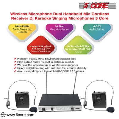 5Core Wireless Microphones w 2 Headset Portable Mini Microfono Inalambricos + Receiver 165ft Range image 4
