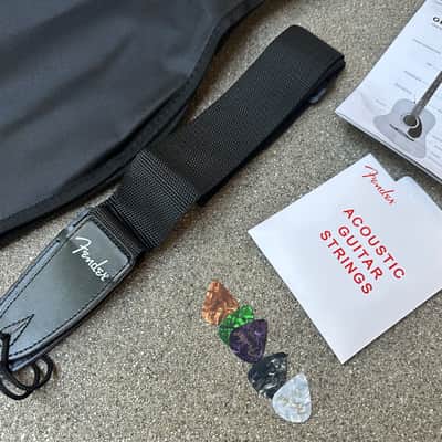 Fender Dreadnought Gig Bag w/ Acoustic Guitar Strings, Picks, Guitar Strap - Black image 2