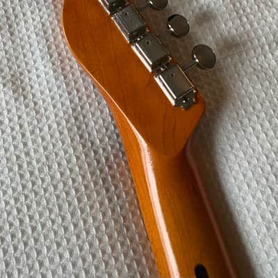 Fender Squire Tele,Telecaster Guitar NECK, CUSTOM UPGRADED to simulate a 60's Neck, with a NEW vintage Nitrocellulose Amber Finish,Kluson style tuners, New Vntage Tele Neck Logo decal image 10