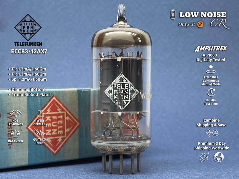 Telefunken ECC83 ◇ 12AX7 • 100% BALANCED mA & Gm • Strong NOS • Sep 1953 "pd" • Ribbed Plates • Amplitrex AT-1000 Digitally Tested • Quite Very Low Noise • T-04 image 1