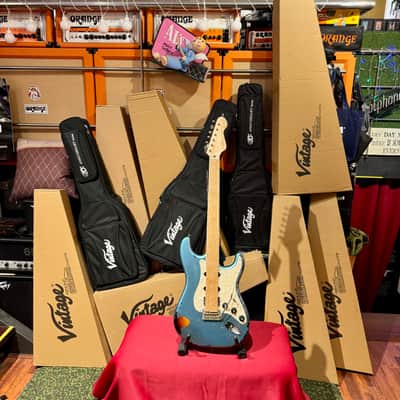 Vintage Guitars 30th Anniversary V6 Strat Overspray Relic  Super Flame Neck Lake Placid Gun Hill Blue image 21