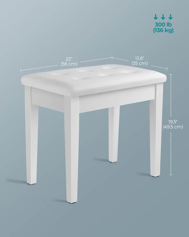 Piano Bench with Padded Cushion and Storage Compartment for Music Books, Vanity Stool, Tufted Wooden Piano Seat, 13.8 x 22 x 19.5 Inches, White image 1