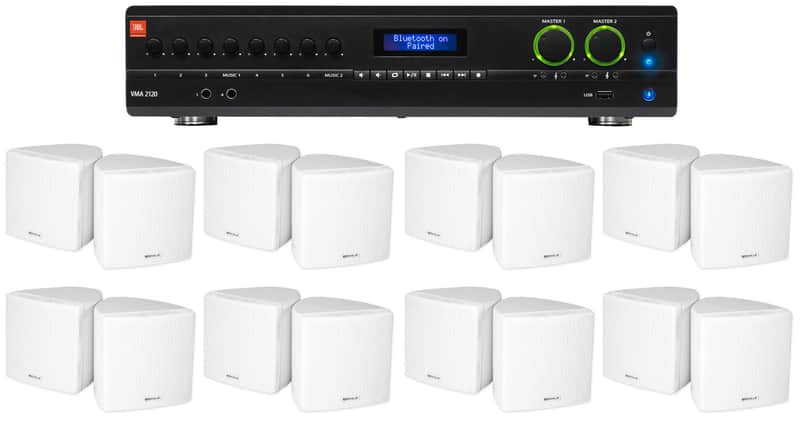 JBL 2-Channel Amplifier+(16) 3.5" White Cube Speakers for Restaurant/Bar/Cafe image 1