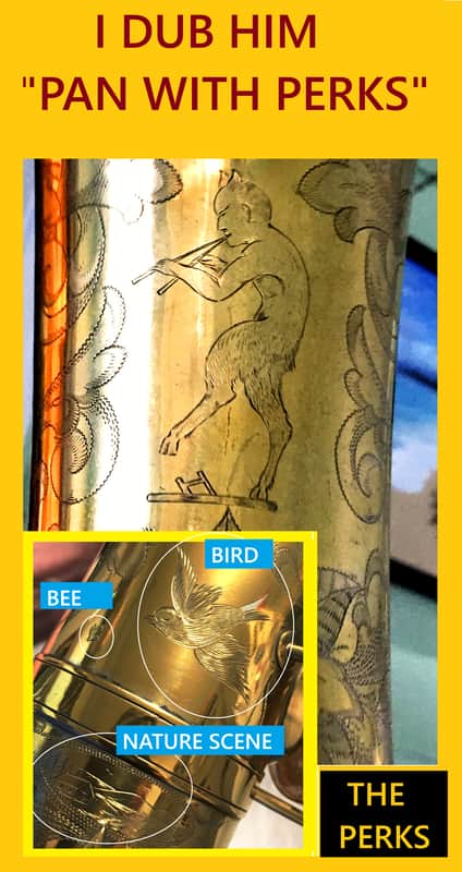 MAKE OFFER DUBBED "PAN AND PERKS" LYON AND HEALY TENOR SAXOPHONE ULTRA RARE BURNISHED GOLD PLATED ARTIST MULTI PORTRAITS TOP FINISH #6 SPECIAL ORDERED ORIGINAL MPC image 1