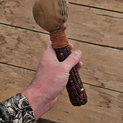 Traditional Corn Cob Rattle - Handmade Native American Style Rawhide Shaker image 3