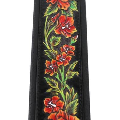 Walker & Williams KB-10 Gloss Black Strap w/Carved Red Orange Roses On Grain Leather image 6