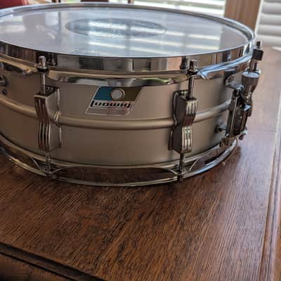 Ludwig Acrolite 5x14" 8-Lug Aluminum Snare Drum with Pointed Blue/Olive Badge image 2