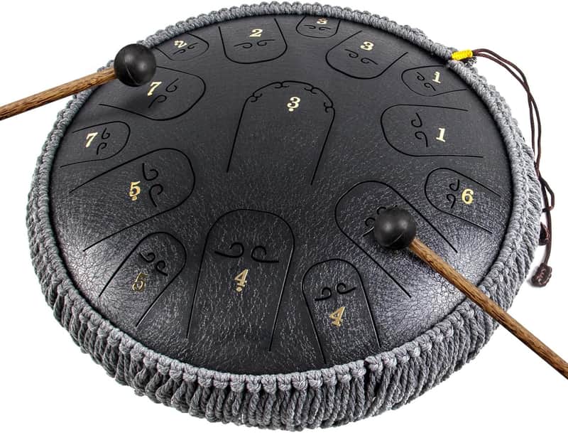 Steel Tongue Drum, Horse 14 Inch 15 Tones Tank Drum C Key Percussion Steel Drum Kit with Drum Mallets Note Stickers Finger Picks Mallet Bracket and Gig Bag(14 Inch 15 Tones Grey) image 1