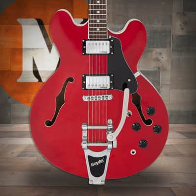 Vintage VSA500B ReIssued Semi Acoustic Guitar w/Bigsby - Cherry Red (VSA500BCR) image 1
