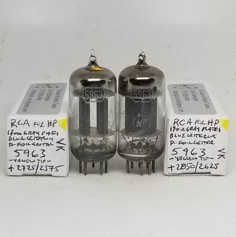 RCA Made For HP 5963 D-Foil Getter, **Yellow Tip** Gray Plate Well Matched Pair (9.6%) NOS 12AU7 12AU7A 5963 image 1