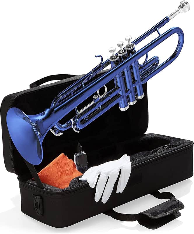 Bb Standard Trumpet Set for Beginners - Brass Trumpet Instrument with Hard Case, 7C Mouthpiece, Valve Oil, Cleaning Cloth, Gloves (Blue) image 1