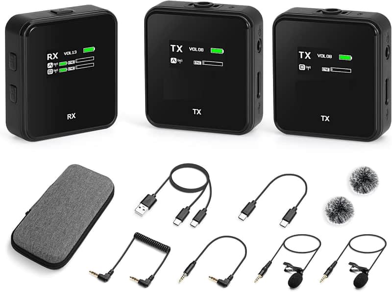 Wireless Lavalier Microphone System, 2.4GHz Dual Channel Wireless Lapel Mic with Noise Cancellation for DSLR Cameras, Camcorders and Phones, Lavalier Mic for TikTok, Interview and Recording image 1