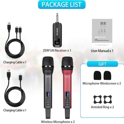 Wireless Microphones Dual, Pro Handheld Cordless Mics System Dynamic with Echo Treble BASS VOL Control for Karaoke Singing Church Party, 1/4'' Output, D240, Grey&Red image 3
