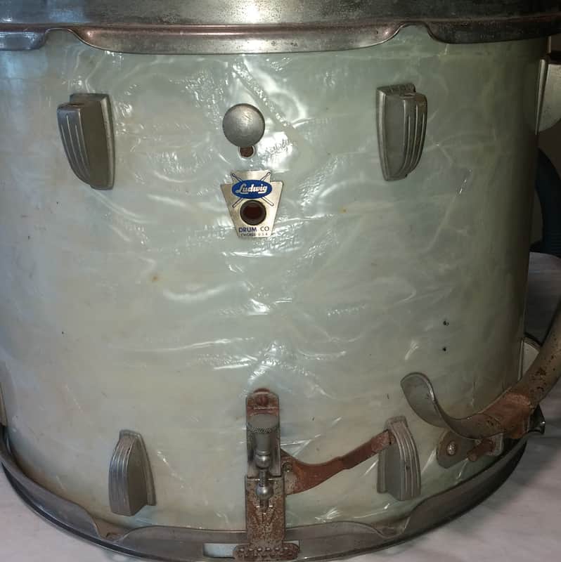 Ludwig 1959 Parade Marching Snare 15  White Marine Pearl WFL Transition Badge Nickel Hardware image 1