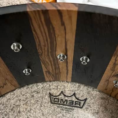 Like-New Daville (Doc Sweeney) Zebrawood/Wenge 14x6 stave snare, satin oil, Canopus wires, extra head, new extra wires image 9