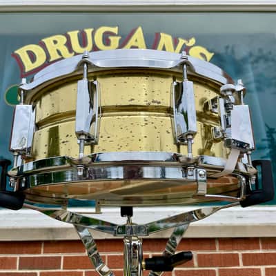 1980s Yamaha SD495 5.5x14 Brass Snare Drum 10-Lug image 8
