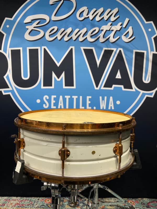 Leedy - 14x5" 8-Lug Multi-Model Snare Drum - White Lacquered Brass with Gold Hardware. 1920s image 1