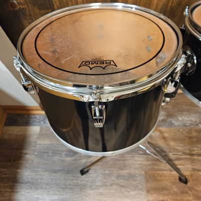 Vintage Late 1970s Ludwig Black Cortex Concert Toms 6.5x10 & 8x12 w/ Ludwig Double Tom Stand Blue & Olive Badges image 3