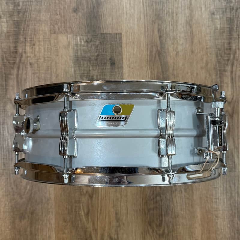 Ludwig L-404 Acrolite 5x14" 8-Lug Aluminum Snare Drum with Rounded Blue/Olive Badge 1980’s image 1