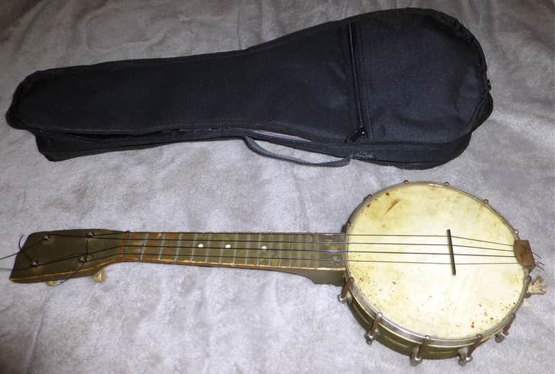 Vintage 1920s Harmony made Montgomery Ward Metal Shell Banjo Ukelele Original Gold Paint,Tuners, Nut, Top Skin Head, Adjustment Key, Banjo Uke image 1