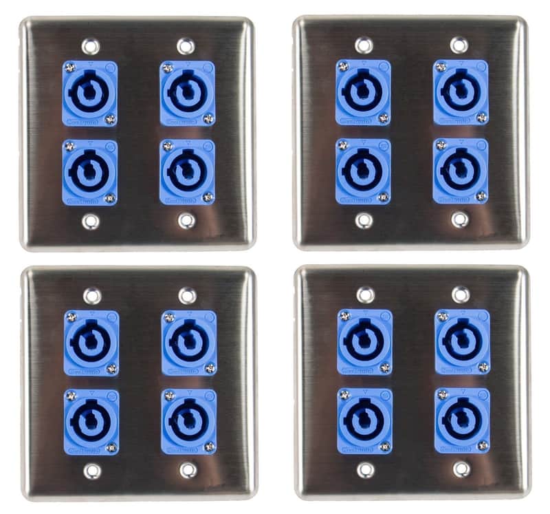4 OSP Q-4-4PCA Stainless Steel Quad Wall Plate with 4 Powercon A Blue Connectors image 1