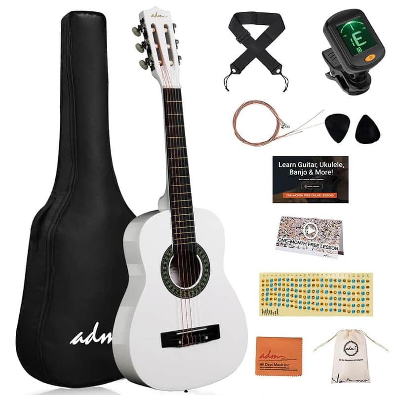 ADM Beginner Acoustic Classical Guitar Nylon Strings Wooden Guitar Bundle Kit for Kid Boy Girl Student Youth Guitarra Online Lessons with Gig Bag, Strap, Tuner, Picks (30 Inch, White) image 1