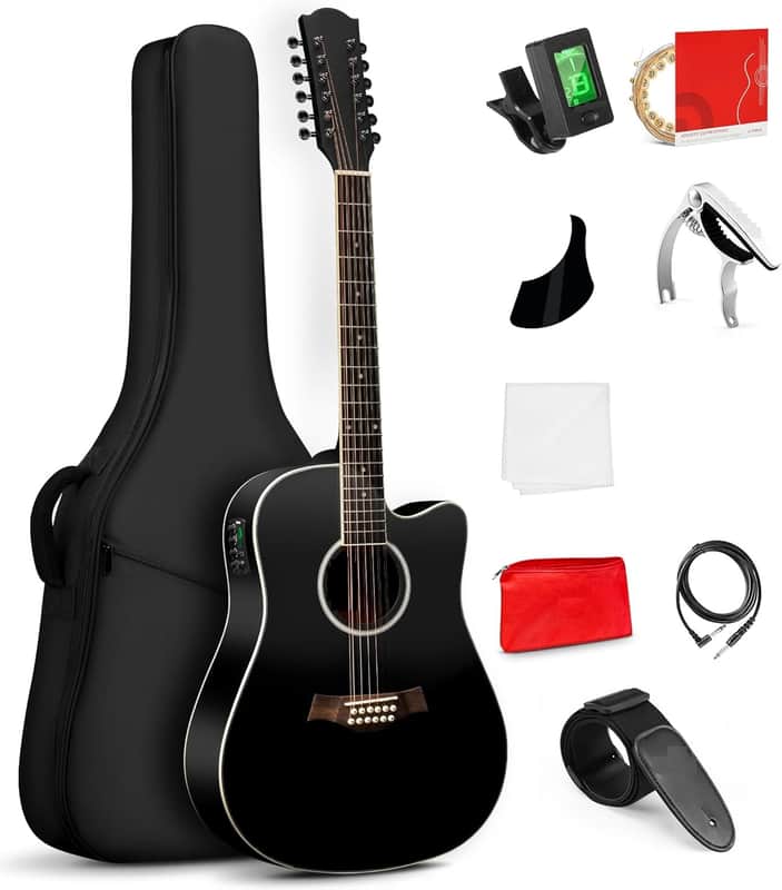 12 String Guitar Acoustic Electric, Upgraded Guitar 12 Strings Bundle for Beginner Intermediate Adults Teens, Guitarra de 12 Cuerdas, Spruce Top Bone Nut, Black, Matte image 1