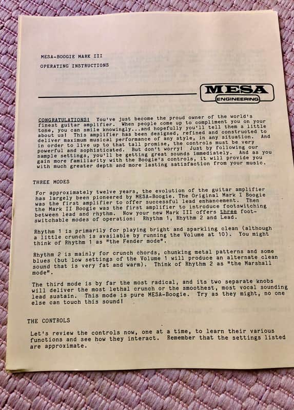 Mesa Boogie Mark III Operating Instructions Maintenance & Service Guide image 1