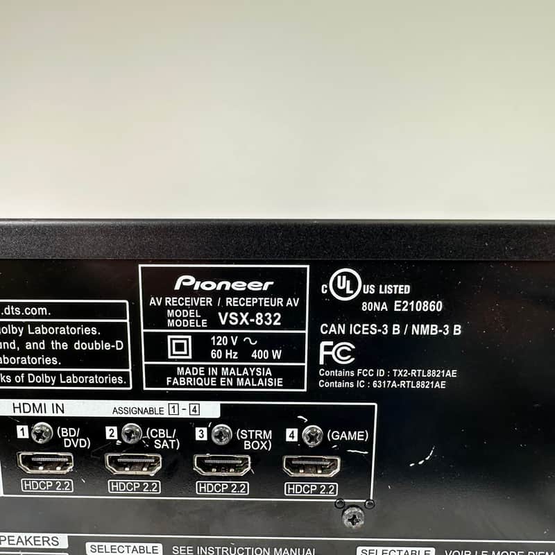 Pioneer VSX-832 4K Ultra HD Network AV Receiver 5.1 Channel w