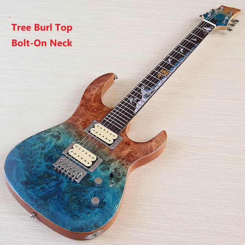 Burlwood Top Custom Finish Guitar, HH Pickups, Basswood Body with Maple Neck image 1