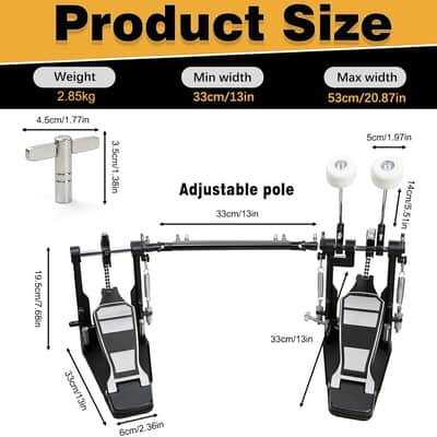 Double Bass Drum Pedal, Double Chain Drive Kick Pedal with Adjustable Felt Beater, Non-Slip Wide Base, Adjustable Spring Tension & Drum Key, Silver Double Pedal for Acoustic & Electronic Drum Sets image 2