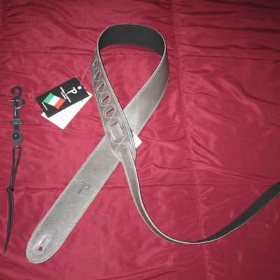new with tags very near A+ Perri’s Leathers Ltd BM2-NKL 2" Soft Italian Premium Leather Nickel (light gray) / Suede Black Guitar Strap - main side is Nickel Leather / other side is Black Suede (can be reversed) - adjustable length of 35" to about 50" image 1