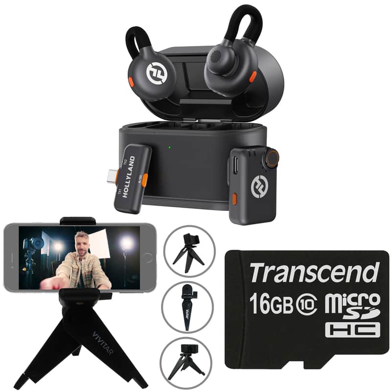 Hollyland LARK M2S Mini Combo 2-Person Wireless Microphone System - Universal Compatibility (2.4 GHz, Space Gray) + Vivitar compact Selfie Video Tripod + 16GB Transcend MicroSD Memory Card with Adapter image 1