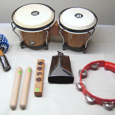 Percussion Lot DP Bongo Bongos Bongoes Shakers Tambourine Clave Cowbell image 1