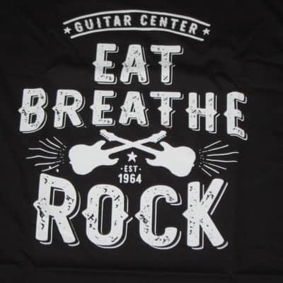 new in package A+ Guitar Center EAT BREATHE, ROCK Men's Size X-Large (XL), Black 100% Cotton Short Sleeve T-Shirt - Graphic is in White and it says / shows: GUITAR CENTER EST. 1964, EAT, BREATHE, ROCK + has dual guitars, stars, lines (Style # GC005-11730) image 4