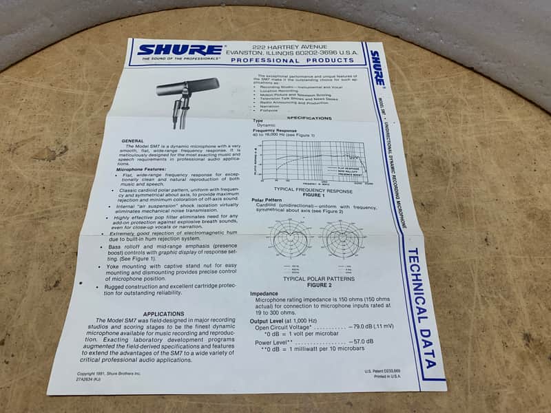 SHURE SM7 1991 MICROPHONE MANUAL/SCHEMATICS- VINTAGE! ORIGINAL! MAKE OFFER! image 1