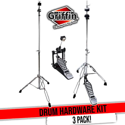 GRIFFIN Drum Hardware Kit (Percussion TiltPro X Edition) 3 Pack – Hi-Hat Stand, Bass Kick Pedal & Cymbal Stand – Chrome Full Size Set for Portable Gigging Drummers image 1