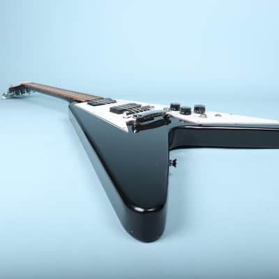 Flying V Style Electric Guitar in Black with White Pickguard image 13