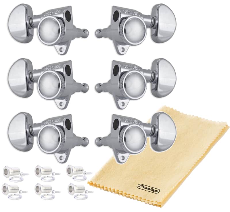 Grover 502C ROTO-GRIP Locking Rotomatics Guitar Tuners, Tuning Machines Set 3+3 18:1 Chrome Tuning Keys with Dunlop Polish Cloth Bundle Tuner Heads with Kidney Button image 1