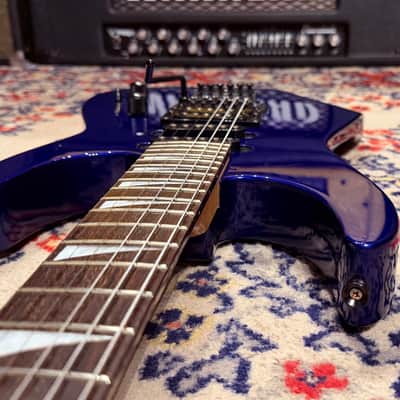 1999 Jackson Dinky HSS w/ Reverse Headstock + Shark Fins - Blue image 9