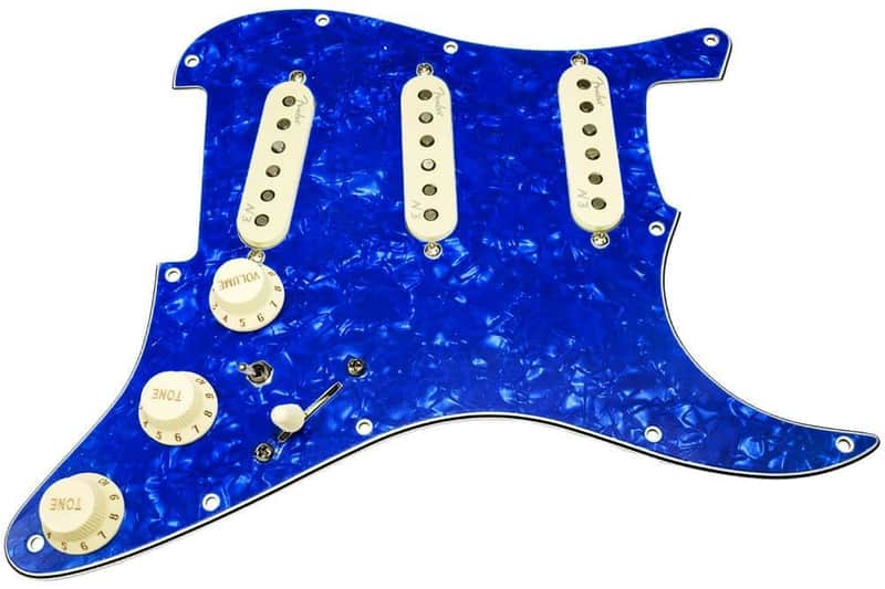 Loaded Strat Pickguard,  Fender N3 Noiseless Pickups, 7-way, Blue Pearl/Aged WH image 1