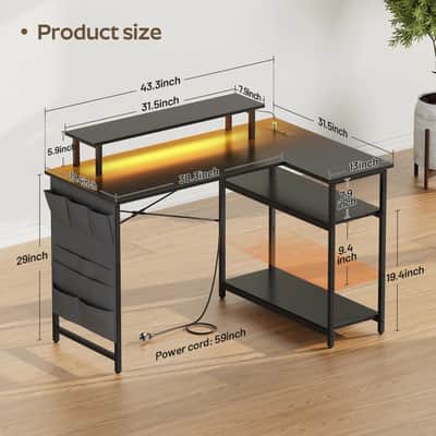 L-Shaped Music Studio Desk with LED Lighting & Power Outlets – Producer Workstation with Storage image 2