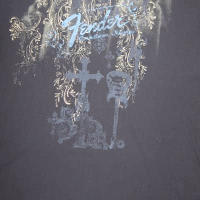 new old stock genuine Fender Heaven's Gate Custom Shop 100% Cotton Black Short Sleeve T-Shirt, XXL (XX-Large) (part #): 9101040806, early 2010s, GRAPHIC: Tan, Blue, Brown, Black (cross, 2 guitars, floral swirl, Fender, Custom Shop) NO: hang tag/packaging image 5