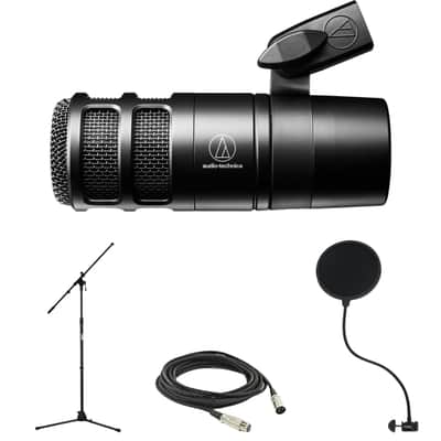 Audio-Technica AT2040 Hypercardioid Dynamic Podcast Microphone with On-Stage Stands MS7701B Boom Microphone Stand, Microphone Pop Filter and XLR Cable