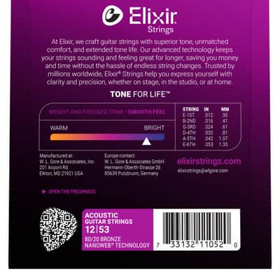 Elixir 80/20 Bronze Acoustic Guitar Strings, NANOWEB, Light (.012 -. 053) image 3