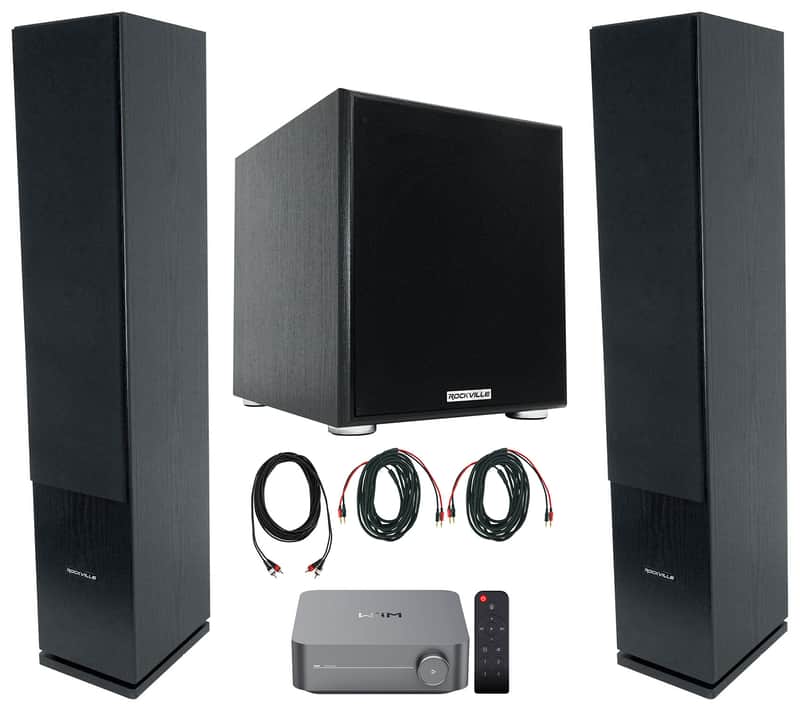 (2) Rockville Rocktower 64B Black Home Tower Speakers+Wifi Amp Receiver+Sub image 1